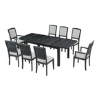 Table de salle à manger extensible noire et grise, 8 personnes, 1 table + 6 chaises sans accoudoirs + 2 fauteuils avec accoudoirs
