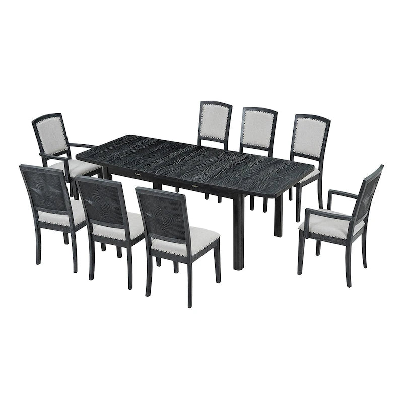 Table de salle à manger extensible noire et grise, 8 personnes, 1 table + 6 chaises sans accoudoirs + 2 fauteuils avec accoudoirs