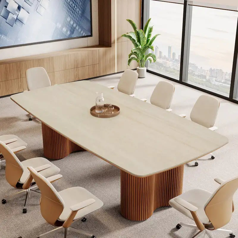 Table de conférence en forme de bateau, beige-blanc et marron, 6 à 8 places