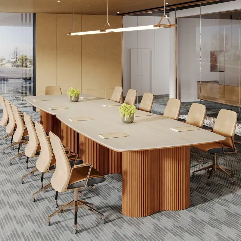 Table de conférence en forme de bateau, beige-blanc et marron, 6 à 8 places