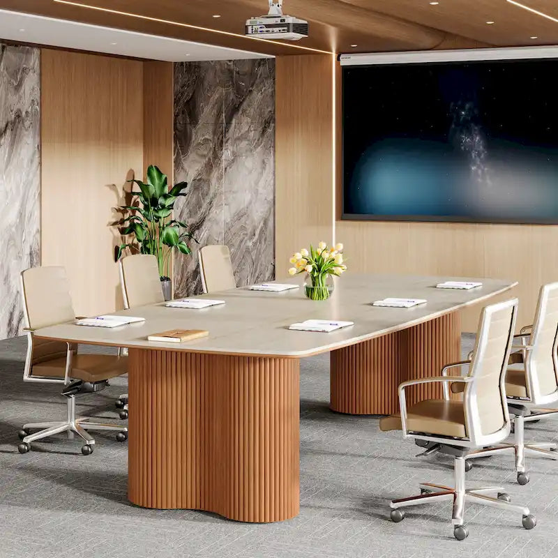 Table de conférence en forme de bateau, beige-blanc et marron, 6 à 8 places