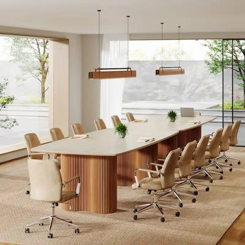 Table de conférence en forme de bateau, beige-blanc et marron, 6 à 8 places