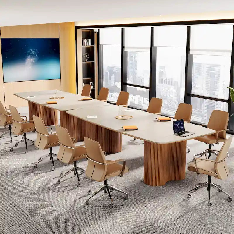 Table de conférence en forme de bateau, beige-blanc et marron, 6 à 8 places