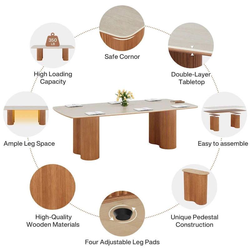Table de conférence en forme de bateau, beige-blanc et marron, 6 à 8 places