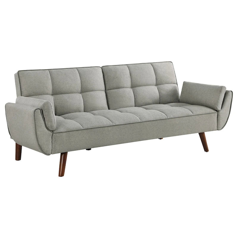 Canapé-lit futon en tissu gris, dossier capitonné, pieds inclinés, 1 à 2 places.