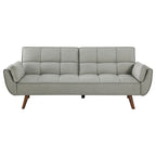 Canapé-lit futon en tissu gris, dossier capitonné, pieds inclinés, 1 à 2 places.