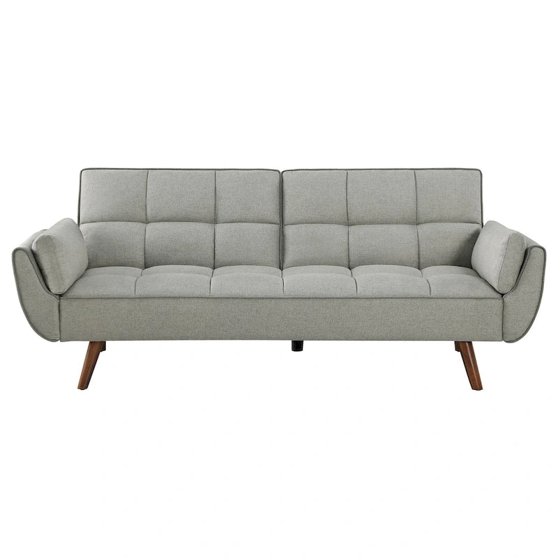 Canapé-lit futon en tissu gris, dossier capitonné, pieds inclinés, 1 à 2 places.