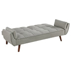 Canapé-lit futon en tissu gris, dossier capitonné, pieds inclinés, 1 à 2 places.
