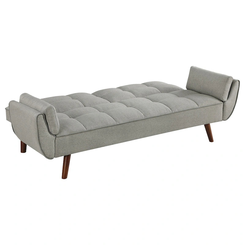 Canapé-lit futon en tissu gris, dossier capitonné, pieds inclinés, 1 à 2 places.