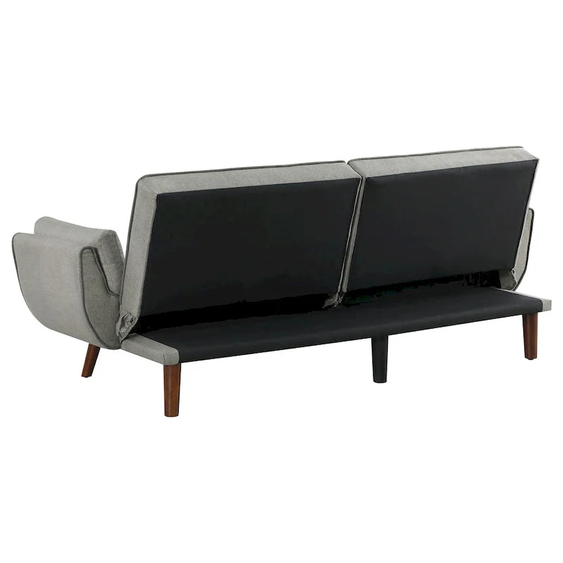 Canapé-lit futon en tissu gris, dossier capitonné, pieds inclinés, 1 à 2 places.