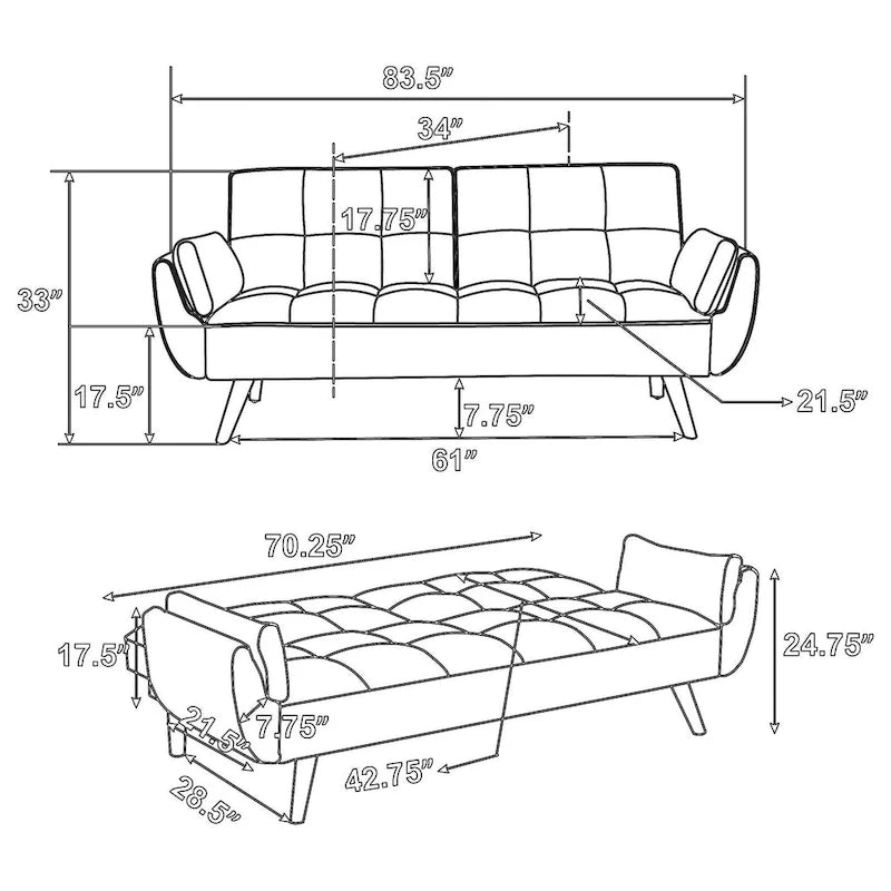 Canapé-lit futon en tissu gris, dossier capitonné, pieds inclinés, 1 à 2 places.