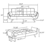 Canapé-lit futon en tissu gris, dossier capitonné, pieds inclinés, 1 à 2 places.