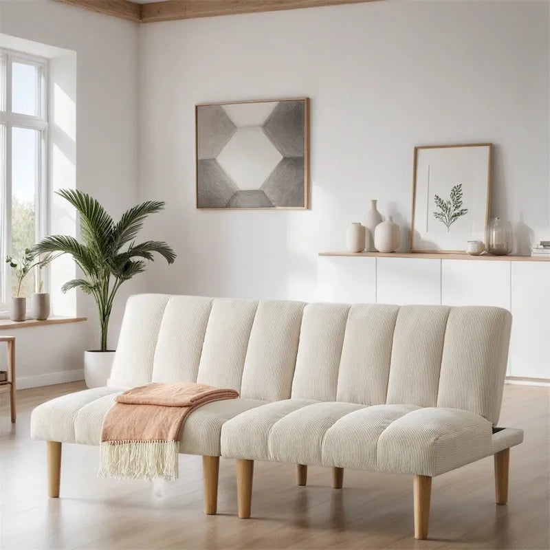 Canapé-lit futon en velours côtelé blanc, 2 places, convertible avec pieds en bois