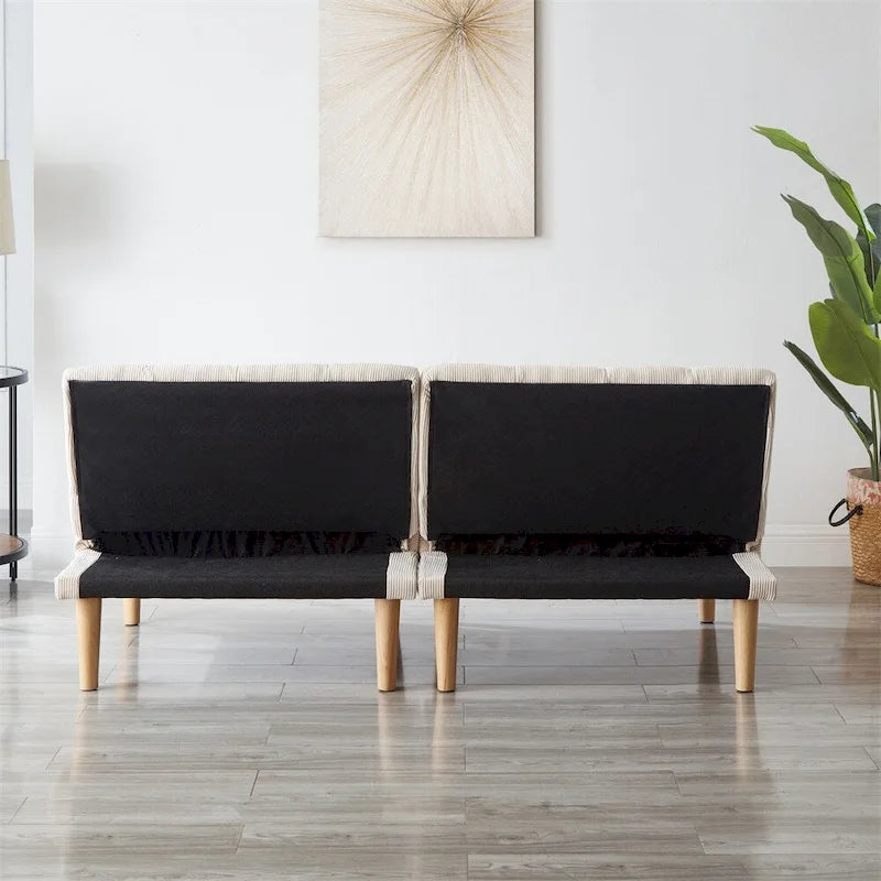 Canapé-lit futon en velours côtelé blanc, 2 places, convertible avec pieds en bois