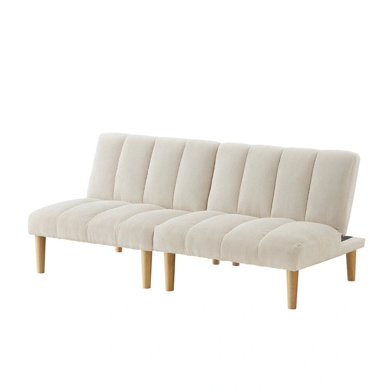 Canapé-lit futon en velours côtelé blanc, 2 places, convertible avec pieds en bois