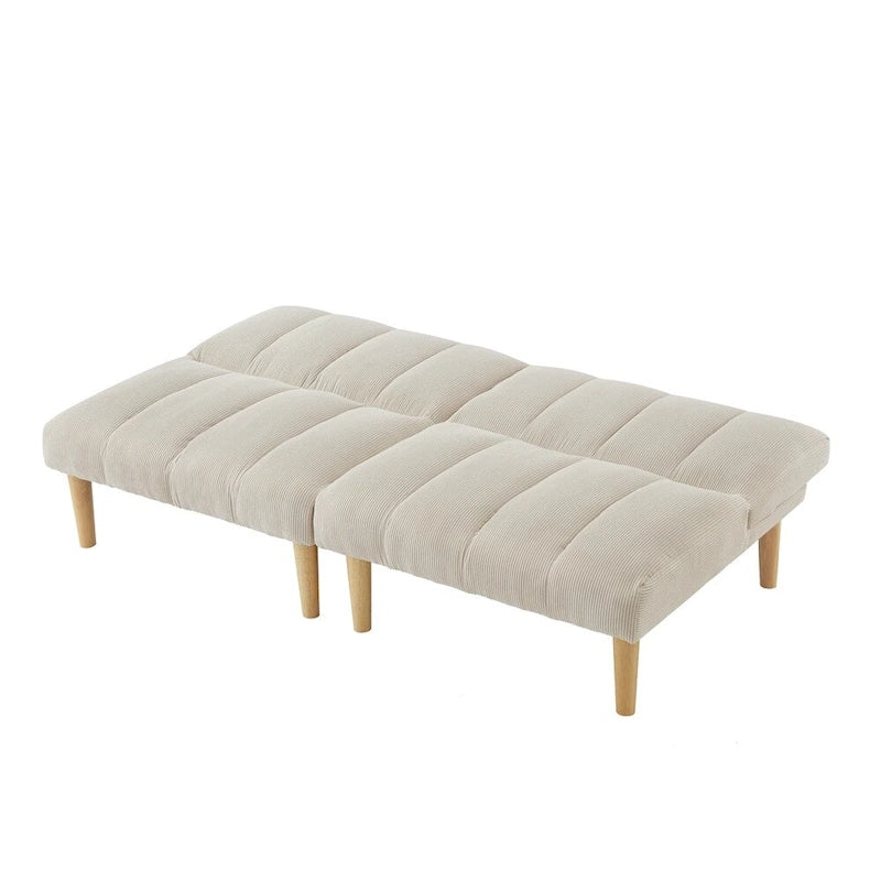 Canapé-lit futon en velours côtelé blanc, 2 places, convertible avec pieds en bois
