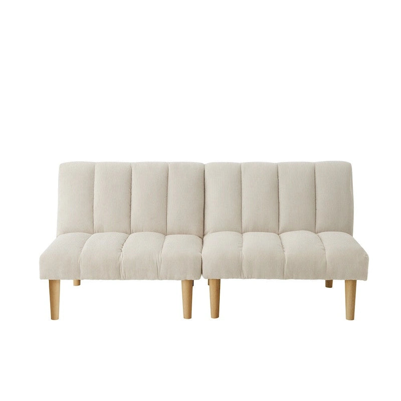 Canapé-lit futon en velours côtelé blanc, 2 places, convertible avec pieds en bois