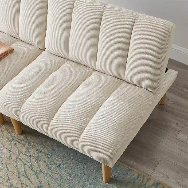 Canapé-lit futon en velours côtelé blanc, 2 places, convertible avec pieds en bois