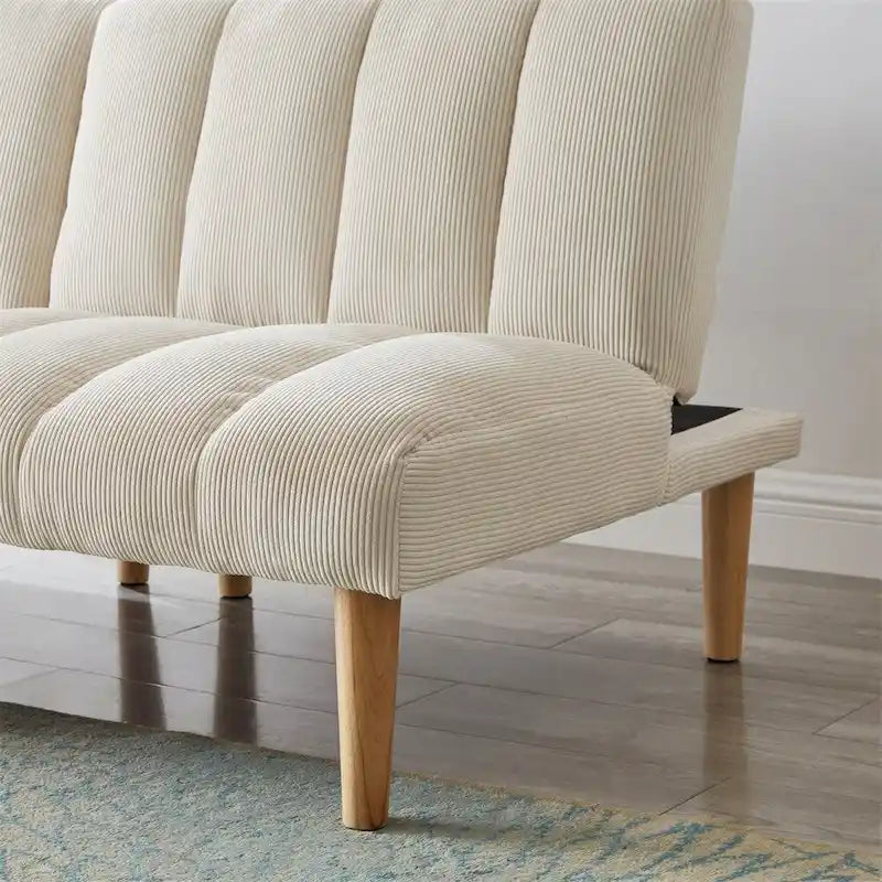 Canapé-lit futon en velours côtelé blanc, 2 places, convertible avec pieds en bois