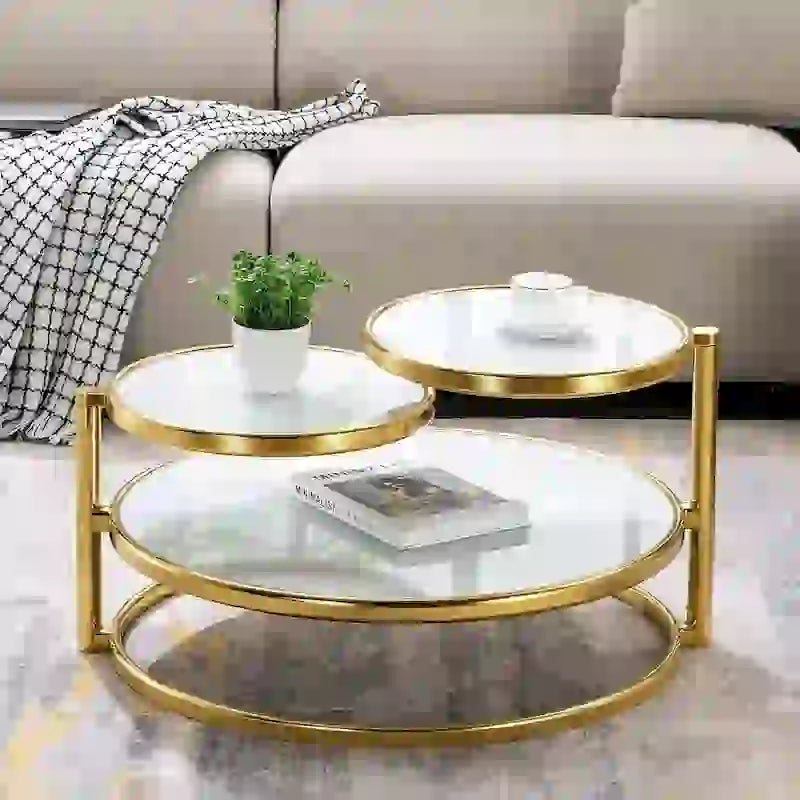 Table basse ronde à 3 niveaux pivotante à 360° en verre trempé, Or/Argent, 2 à 4 places