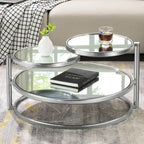 Table basse ronde à 3 niveaux pivotante à 360° en verre trempé, Or/Argent, 2 à 4 places