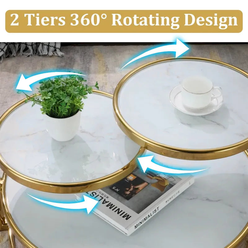 Table basse ronde à 3 niveaux pivotante à 360° en verre trempé, Or/Argent, 2 à 4 places