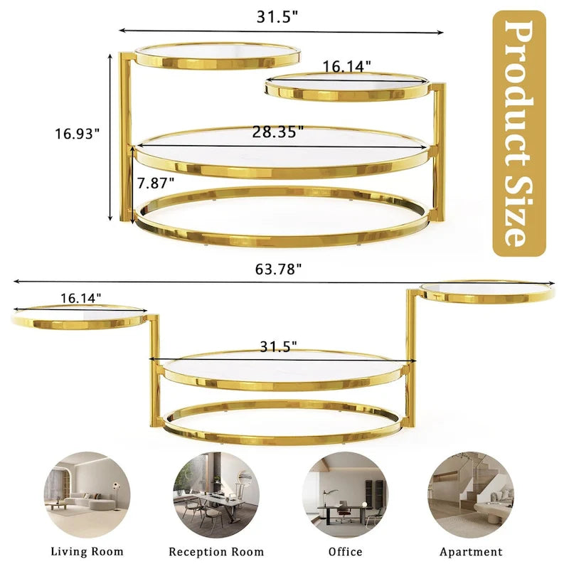 Table basse ronde à 3 niveaux pivotante à 360° en verre trempé, Or/Argent, 2 à 4 places