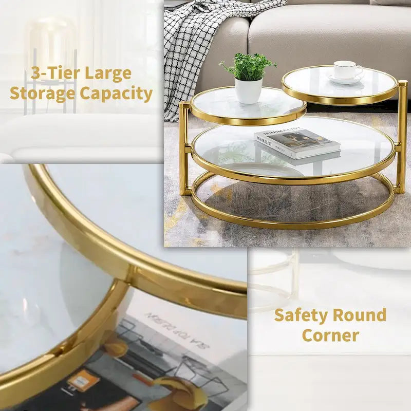 Table basse ronde à 3 niveaux pivotante à 360° en verre trempé, Or/Argent, 2 à 4 places