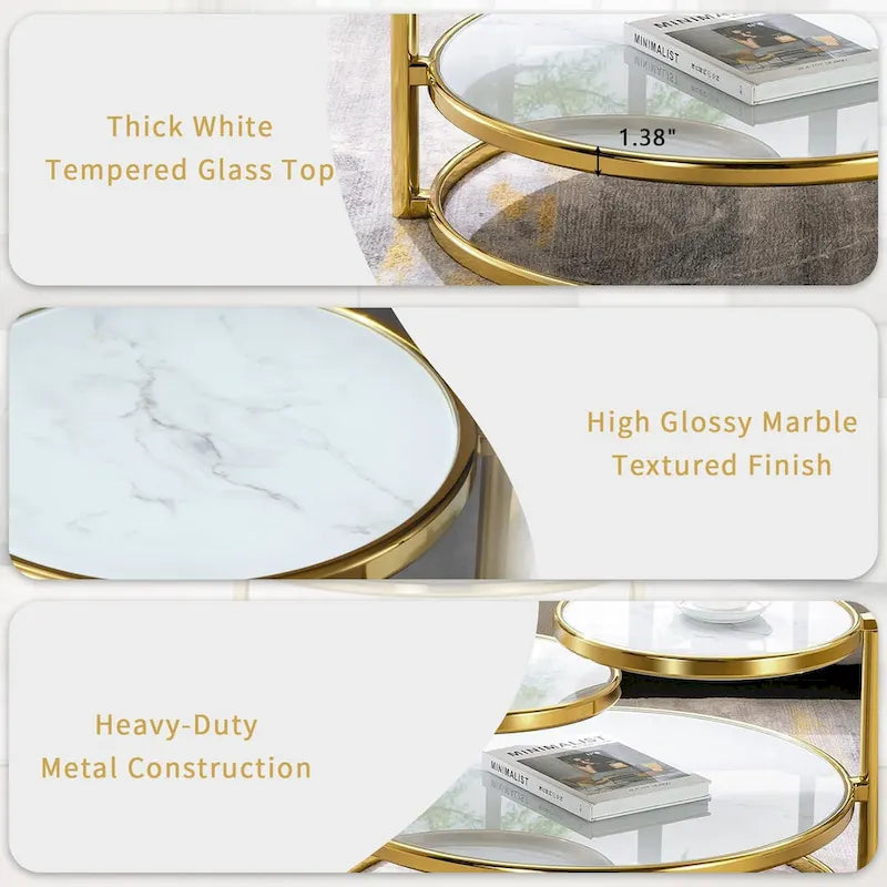 Table basse ronde à 3 niveaux pivotante à 360° en verre trempé, Or/Argent, 2 à 4 places
