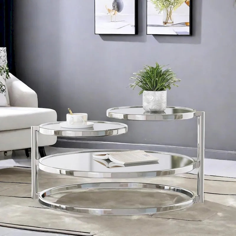 Table basse ronde à 3 niveaux pivotante à 360° en verre trempé, Or/Argent, 2 à 4 places