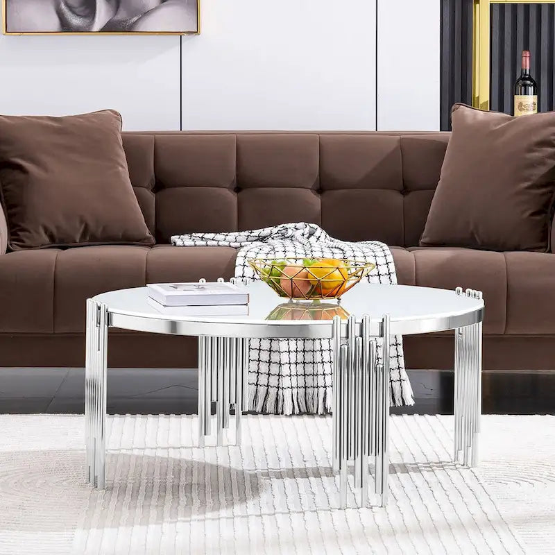 Table basse ronde à 3 niveaux pivotante à 360° en verre trempé, Or/Argent, 2 à 4 places