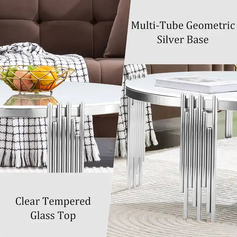 Table basse ronde à 3 niveaux pivotante à 360° en verre trempé, Or/Argent, 2 à 4 places