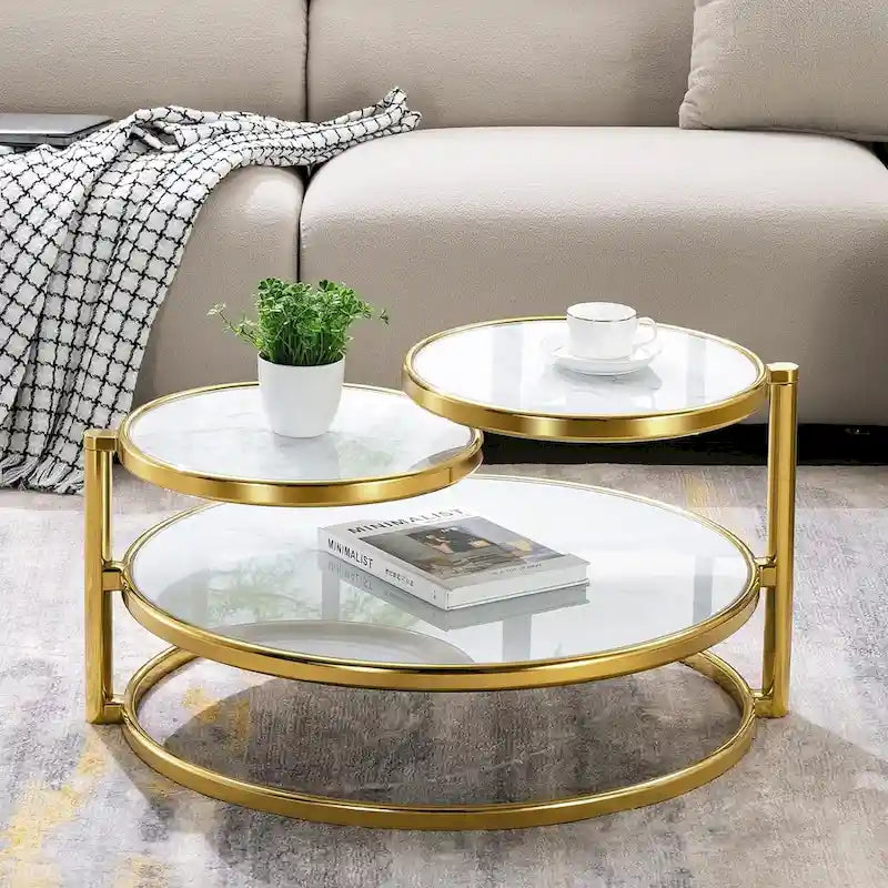 Table basse ronde à 3 niveaux pivotante à 360° en verre trempé, Or/Argent, 2 à 4 places