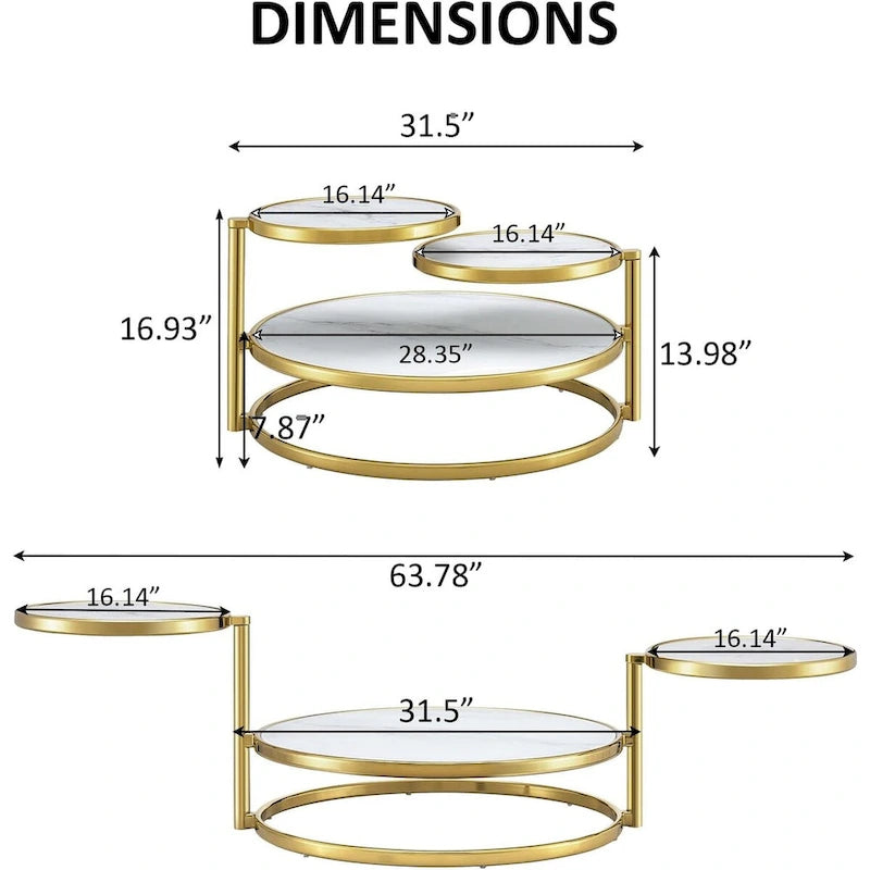 Table basse ronde à 3 niveaux pivotante à 360° en verre trempé, Or/Argent, 2 à 4 places