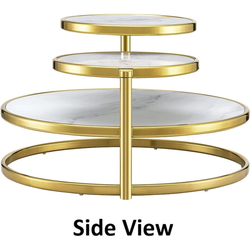 Table basse ronde à 3 niveaux pivotante à 360° en verre trempé, Or/Argent, 2 à 4 places