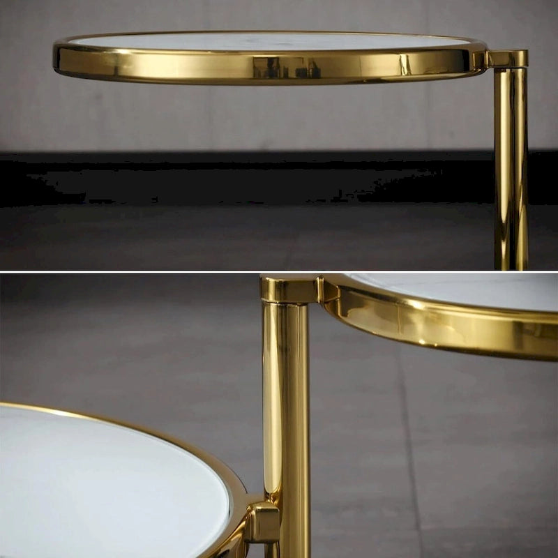 Table basse ronde à 3 niveaux pivotante à 360° en verre trempé, Or/Argent, 2 à 4 places