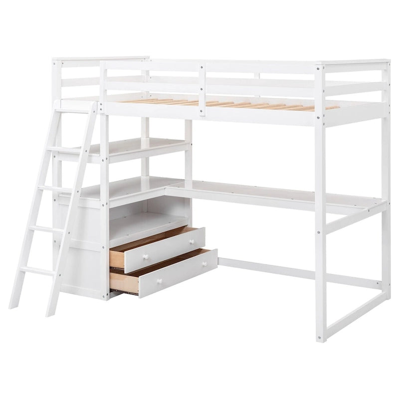 Lit mezzanine double blanc avec bureau, étagères et 2 tiroirs – 1 personne