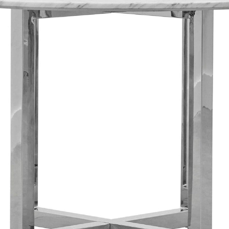 Table à manger ronde en marbre blanc, piètement croisé chromé, 4 places