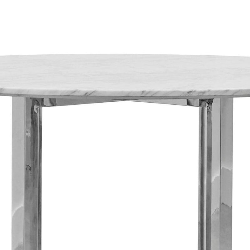Table à manger ronde en marbre blanc, piètement croisé chromé, 4 places