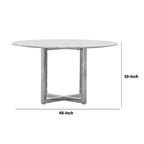 Table à manger ronde en marbre blanc, piètement croisé chromé, 4 places