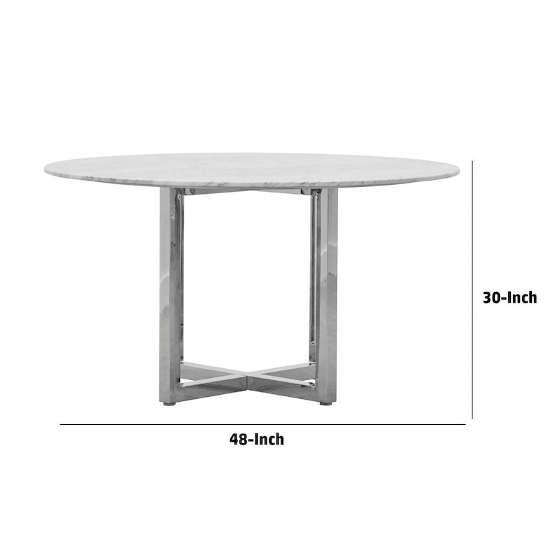 Table à manger ronde en marbre blanc, piètement croisé chromé, 4 places