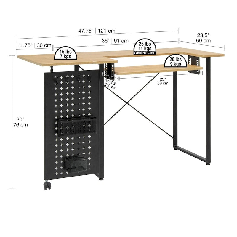Table à coudre pliable Ashwood/Graphite et Blanc/Graphite avec rangement, pour une personne