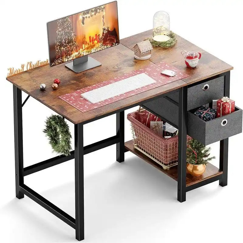 Bureau rustique marron avec tiroirs en tissu et étagère inférieure, monoposte