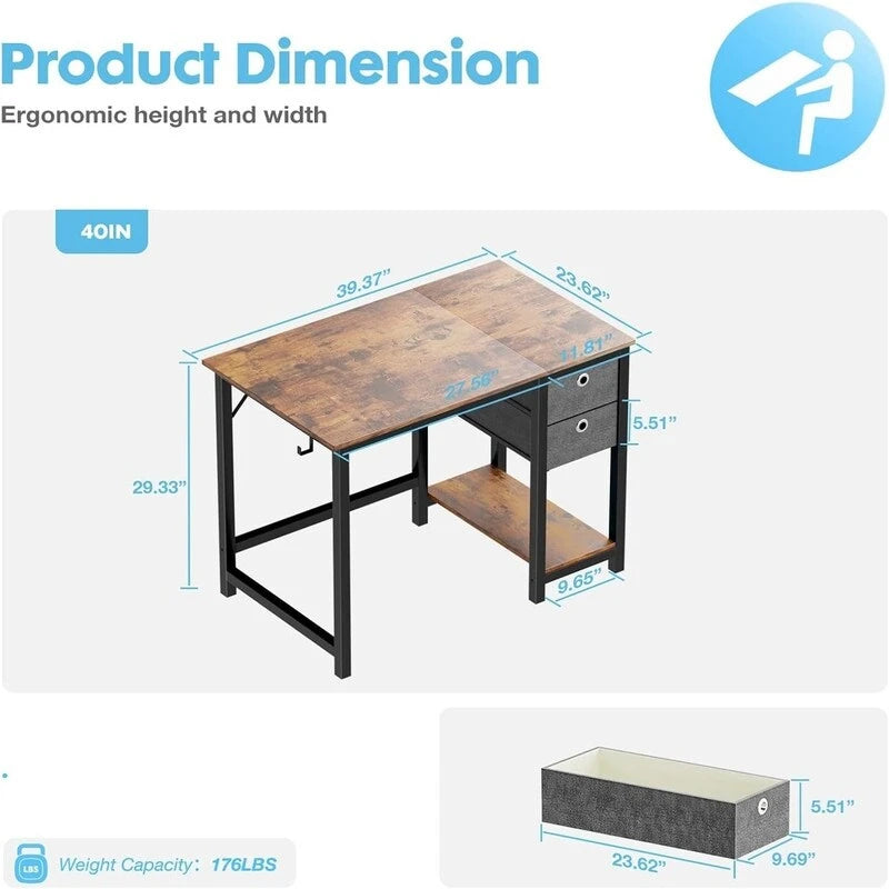 Bureau rustique marron avec tiroirs en tissu et étagère inférieure, monoposte