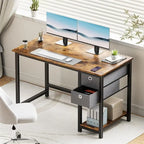 Bureau rustique marron avec tiroirs en tissu et étagère inférieure, monoposte