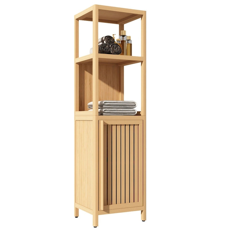 Tour de rangement de salle de bain à 1 porte en bambou naturel de 132 cm de haut avec étagère ouverte, une personne