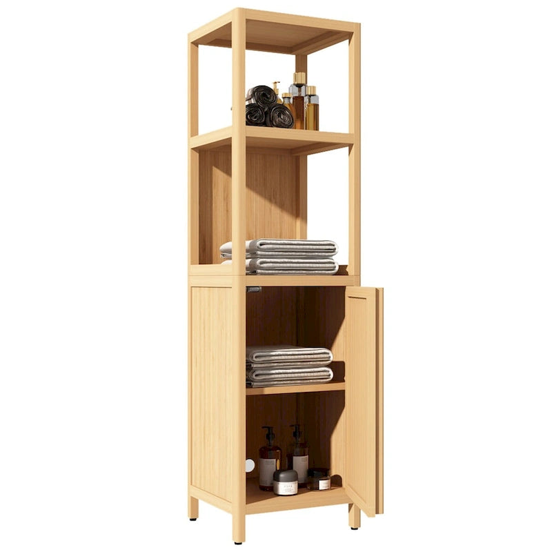 Tour de rangement de salle de bain à 1 porte en bambou naturel de 132 cm de haut avec étagère ouverte, une personne