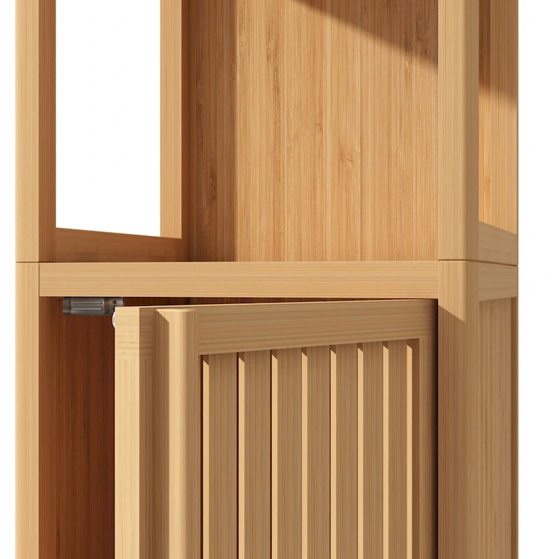 Tour de rangement de salle de bain à 1 porte en bambou naturel de 132 cm de haut avec étagère ouverte, une personne