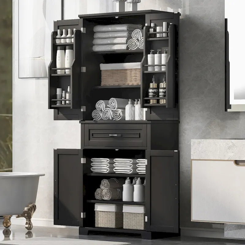 Armoire de rangement haute noire avec 4 portes et 1 tiroir, étagère réglable, utilisation individuelle