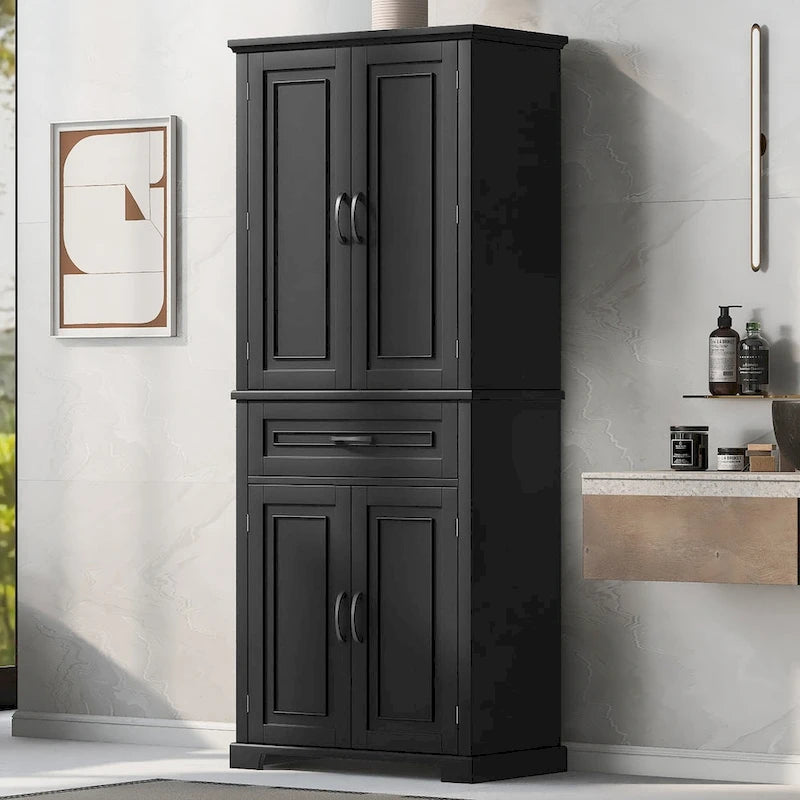 Armoire de rangement haute noire avec 4 portes et 1 tiroir, étagère réglable, utilisation individuelle